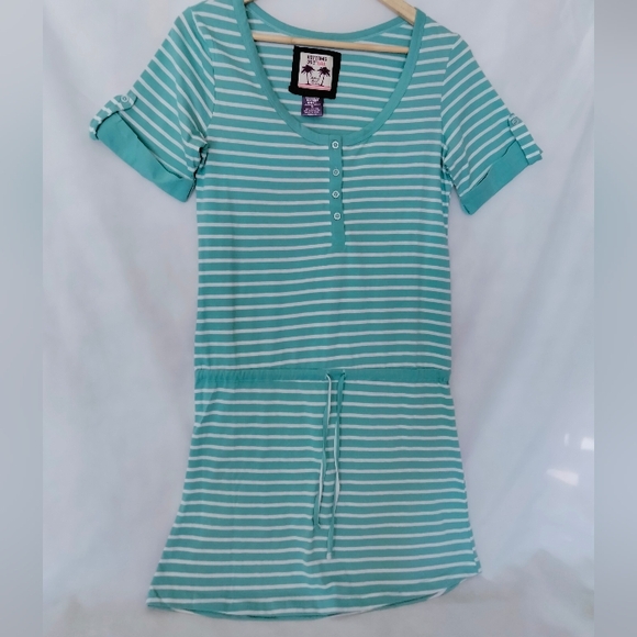 NWT Womens Dress Knitted Preppy Stripe Henley Nite Drawstring Aqua Size M - Picture 1 of 16